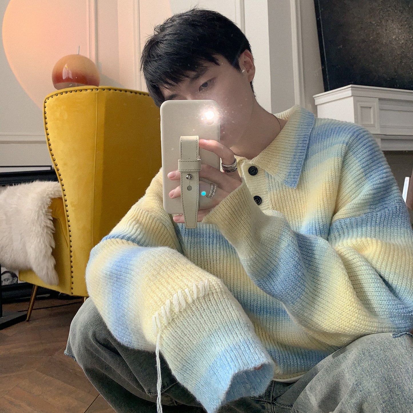 Salt Color Striped Turtleneck Sweater For Men