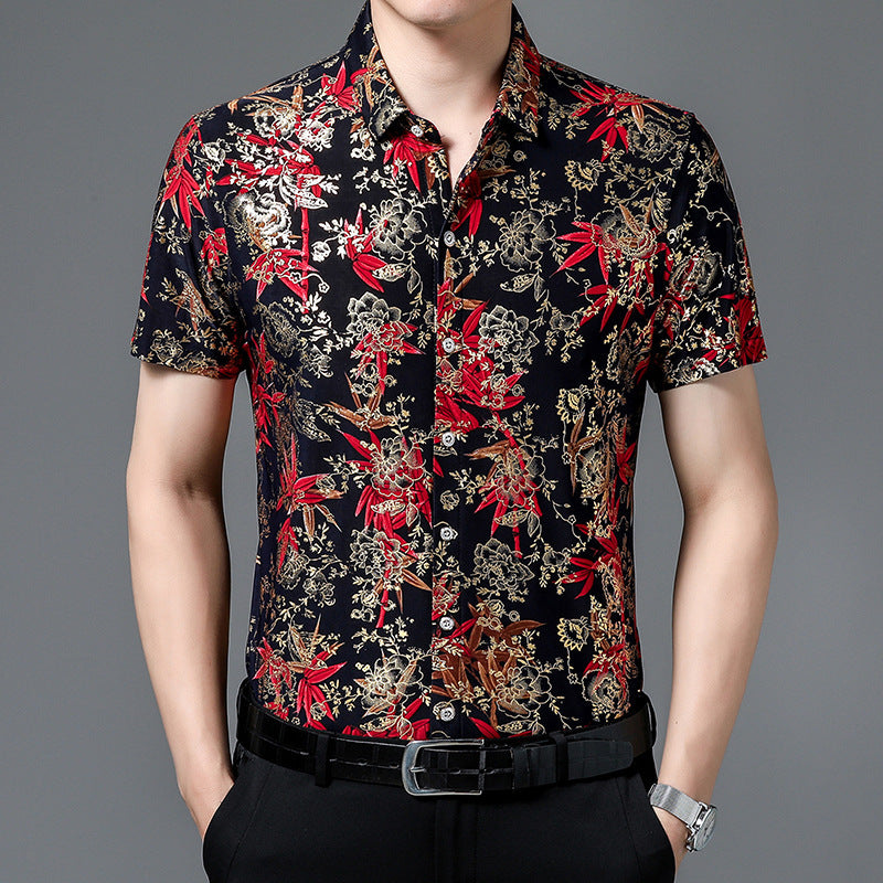 Summer Men's Middle-aged Printed Shirt Short Sleeve Stretch Ice Silk Leisure