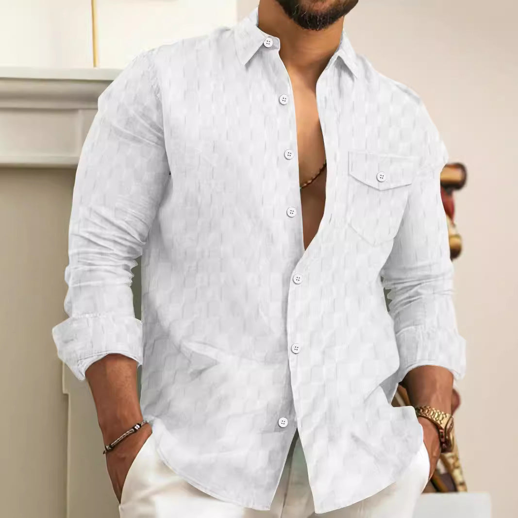 Men's Plaid Jacquard Chest Pocket Lapels Long Sleeve Lapel Shirt