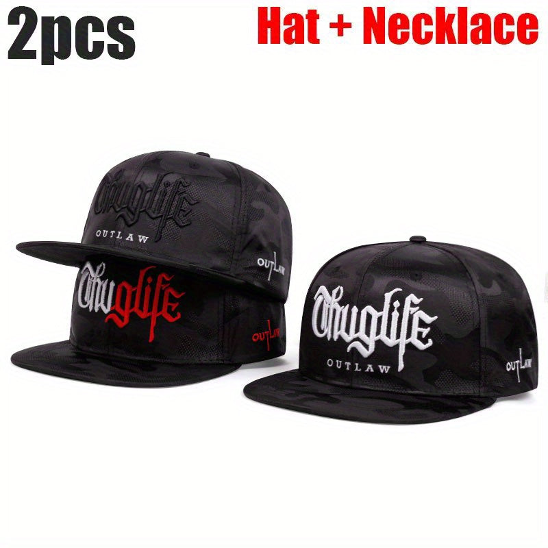 2 Packs (Hats + Necklaces) Embroidered Letter Double-Color Street Flat Brim Hats, Hip-Hop Hats, Daily Outdoor Baseball Caps for Men And Women, Sun