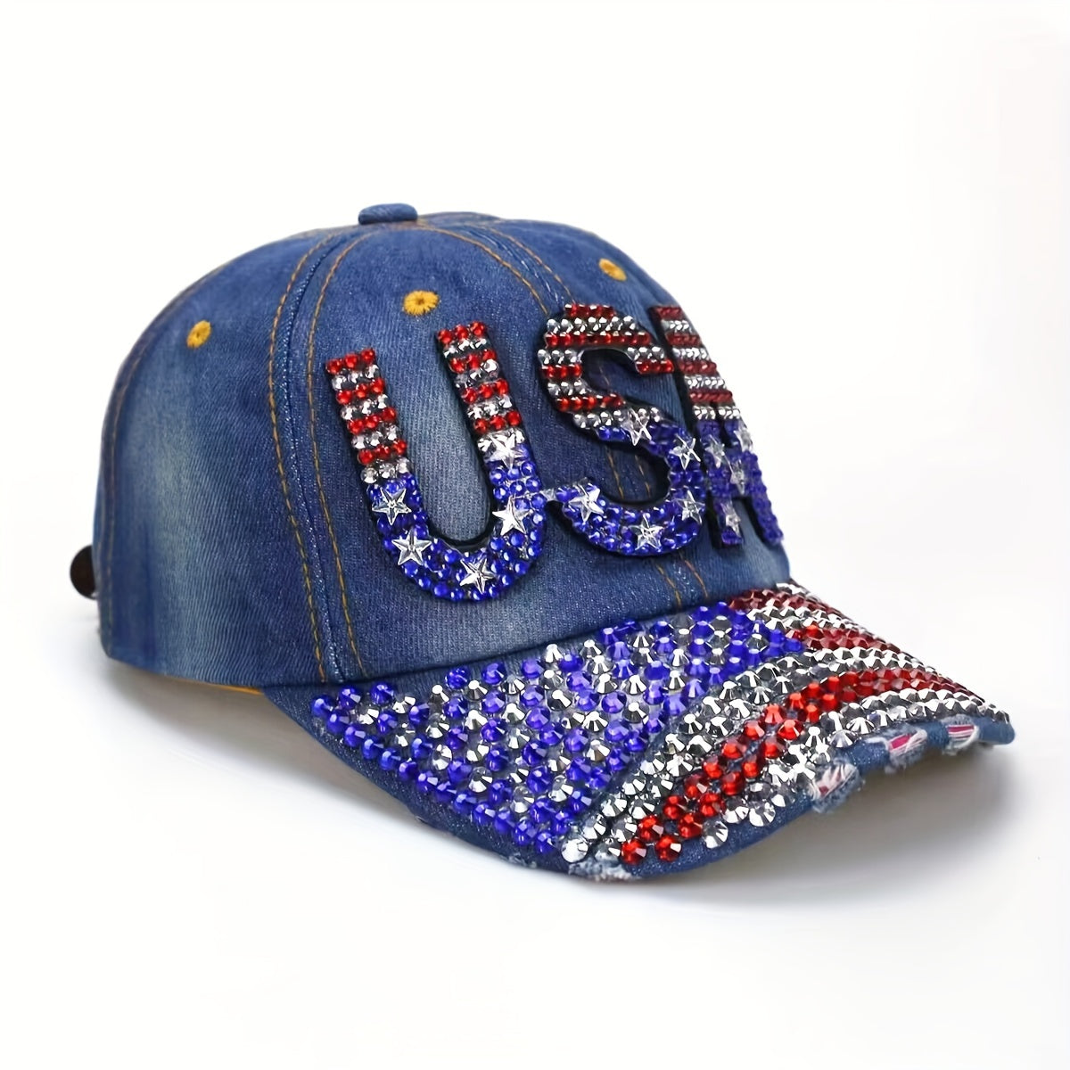 Rhinestone  American Flag Embroidered Denim Baseball Cap, U.S.A. Patriotic Caps For Veteran's Day, July 4th Independence Day, Hats For Men&Women