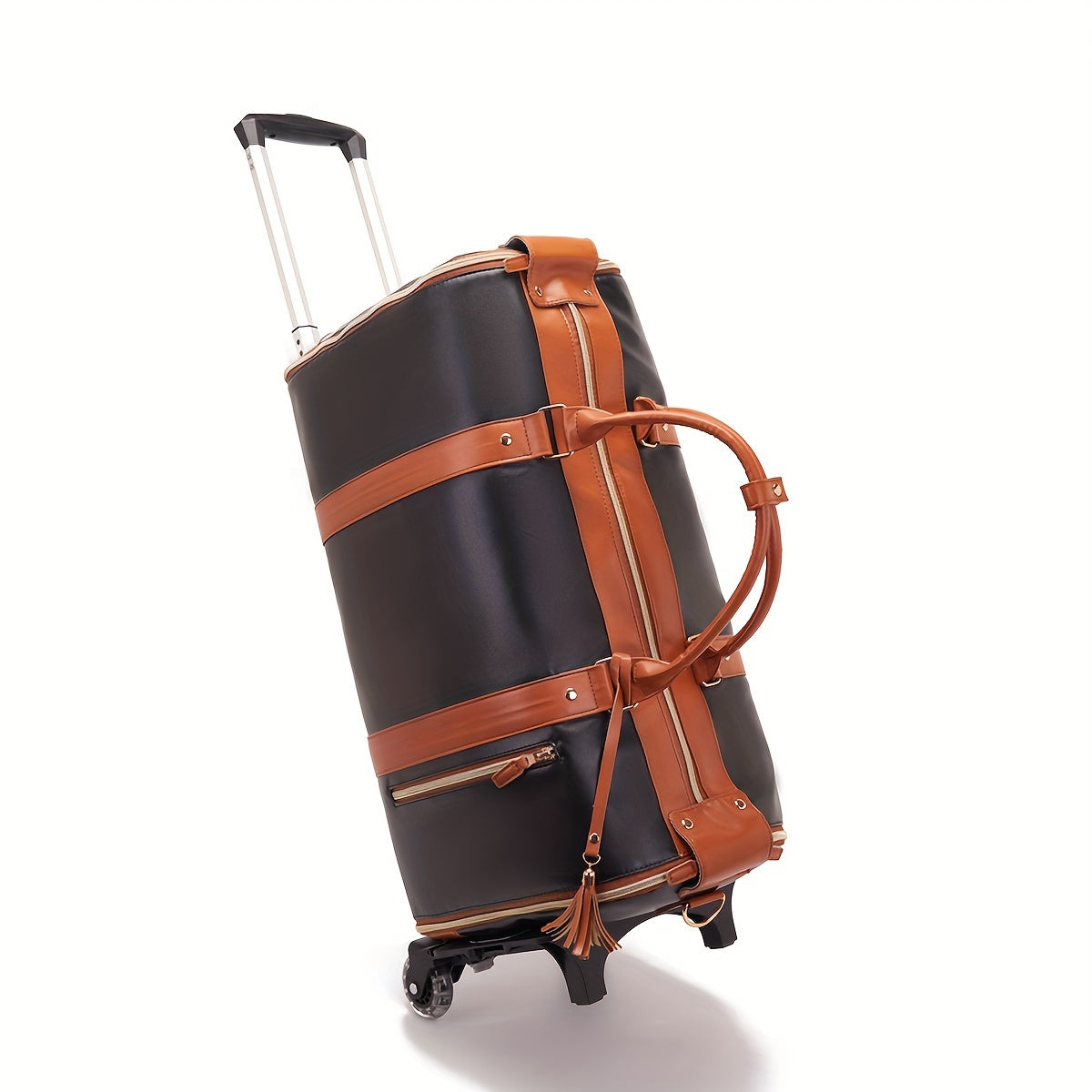 Chic Tassel Faux Leather Suitcase with Retractable Wheels & Shoulder Strap - Versatile Travel Luggage in Cream