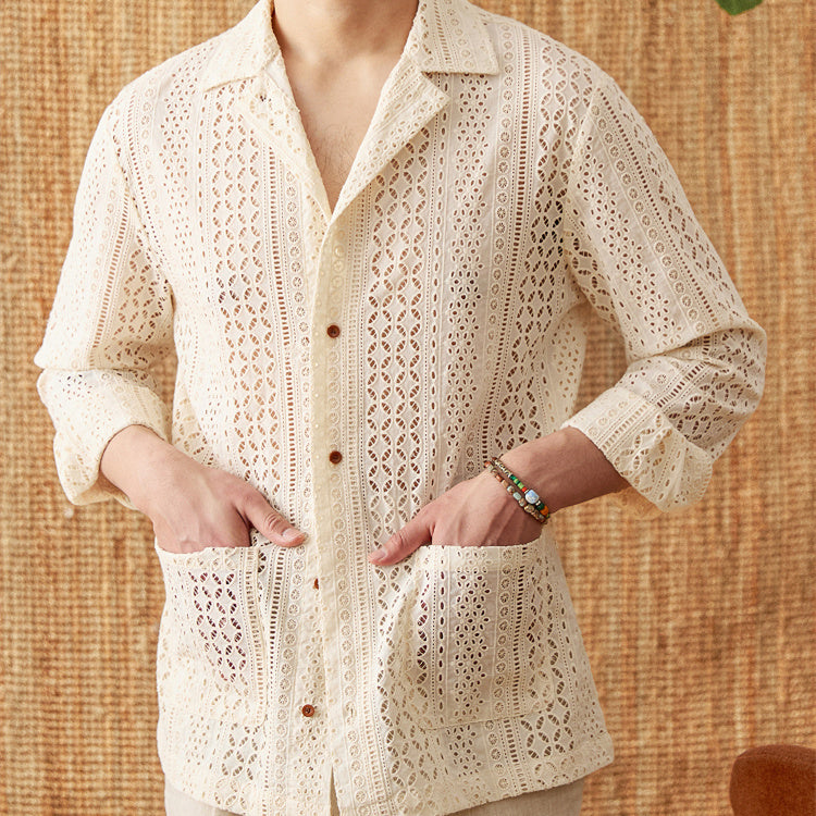 Cotton Hollow Cuban Collar Long Sleeve Shirt