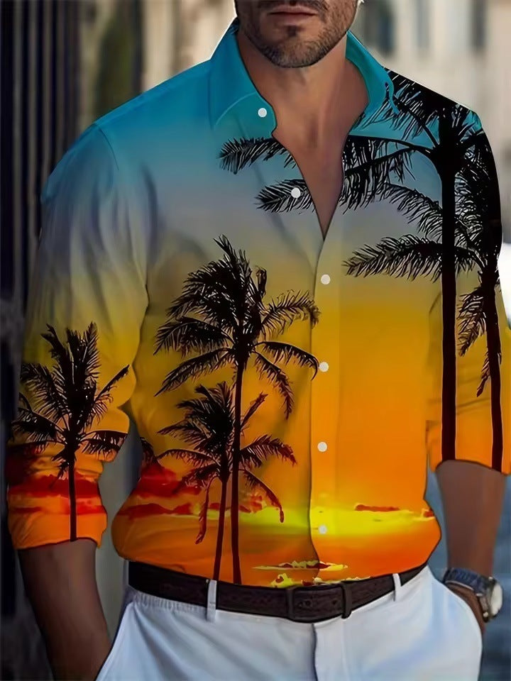 Men's Long Sleeve Shirt Palm Tree And Striped Printed Shirt Everyday Fashion Men's Casual Shirt