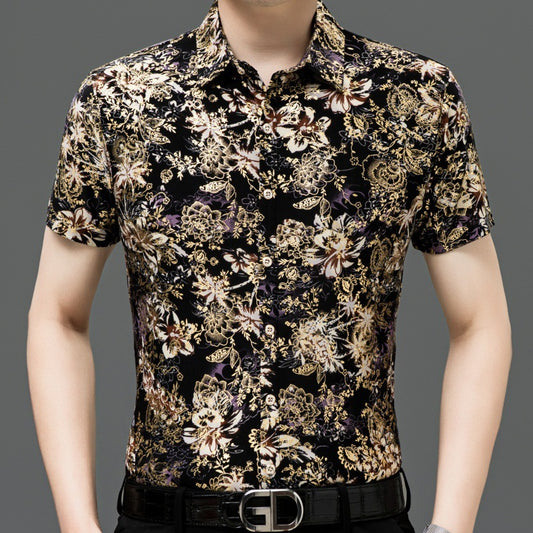 Summer Men's Middle-aged Printed Shirt Short Sleeve Stretch Ice Silk Leisure