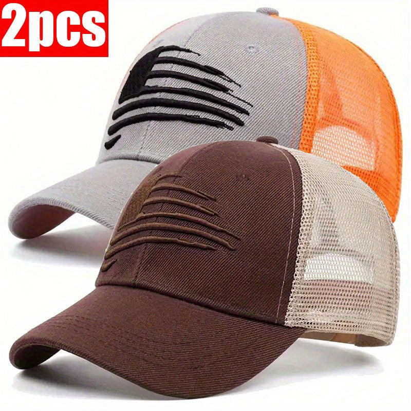 2pcs Patriotic American Flag Embroidered Baseball Caps - Breathable, Adjustable Trucker Hats for Outdoor Activities, Golf, Fishing & Travel, American Flag Hat