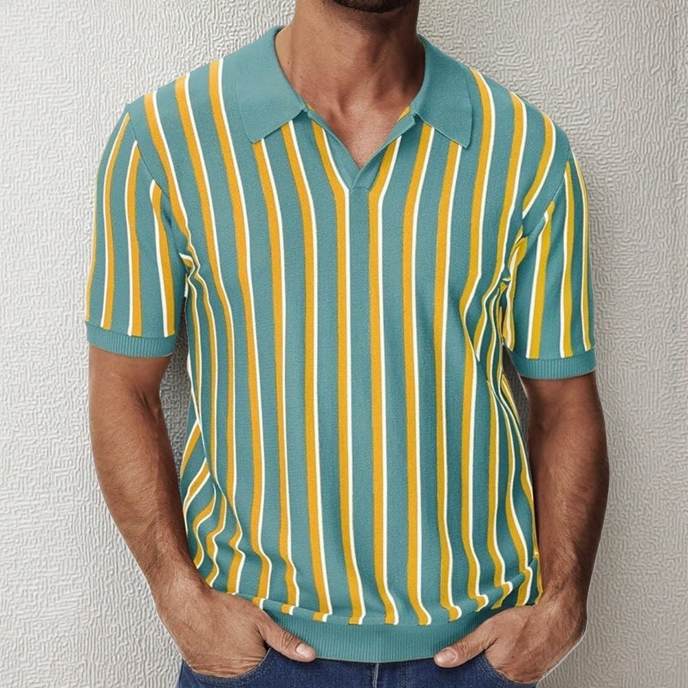 High Quality Summer Lapels Temperament Striped Knitted Polo Shirt