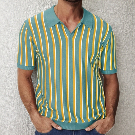 High Quality Summer Lapels Temperament Striped Knitted Polo Shirt