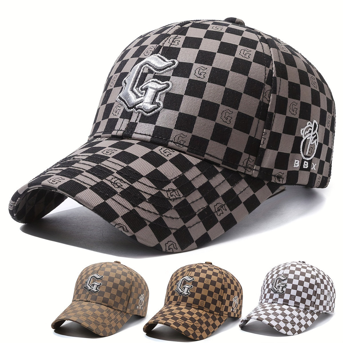 Trendy Gothic Curved Brim Baseball Cap - Baseball Caps with Embroidery Letter G, Checkered Pattern, Snapback Design for Casual Leisure Outdoor Sports