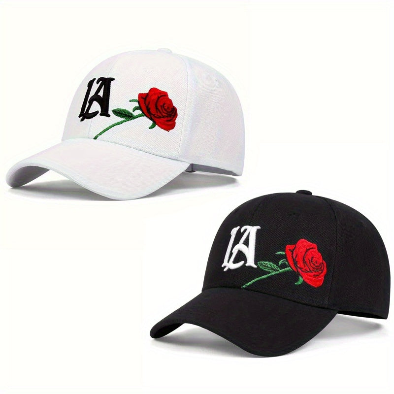 2PCS Knitted Polyester Baseball Caps with Embroidered LA & Rose Design, Adjustable Lightweight Hip-Hop Hats with Flag Theme for Outdoor Fashion