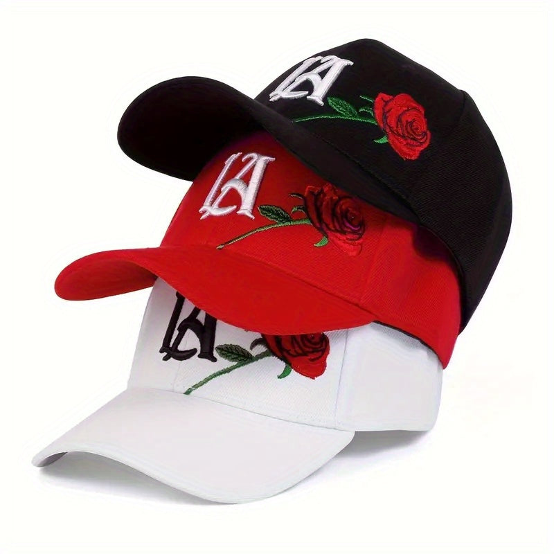 2PCS Knitted Polyester Baseball Caps with Embroidered LA & Rose Design, Adjustable Lightweight Hip-Hop Hats with Flag Theme for Outdoor Fashion