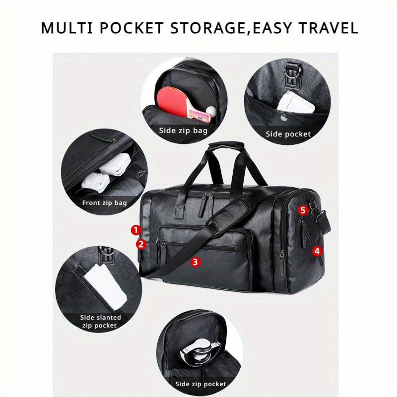 Large Capacity Vintage Style PU Leather Travel Tote Bag - Spacious Business Trip Duffle with Adjustable Shoulder Strap, Multiple Compartments, and Hand Carry Design - Durable, Stylish, and Easy to Organize Luggage for Men, No