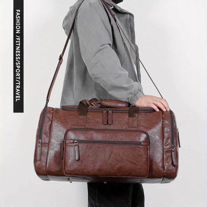 Large Capacity Vintage Style PU Leather Travel Tote Bag - Spacious Business Trip Duffle with Adjustable Shoulder Strap, Multiple Compartments, and Hand Carry Design - Durable, Stylish, and Easy to Organize Luggage for Men, No