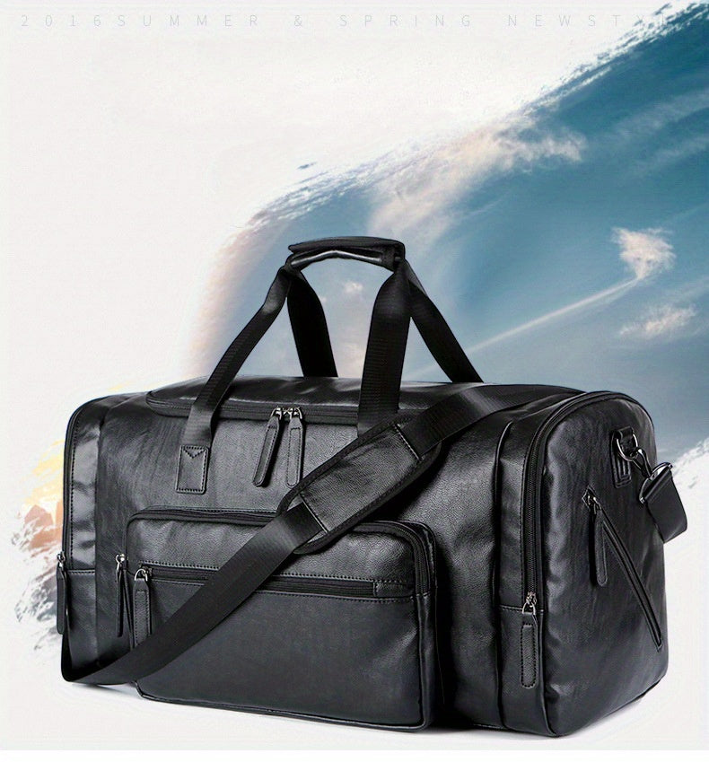Large Capacity Vintage Style PU Leather Travel Tote Bag - Spacious Business Trip Duffle with Adjustable Shoulder Strap, Multiple Compartments, and Hand Carry Design - Durable, Stylish, and Easy to Organize Luggage for Men, No