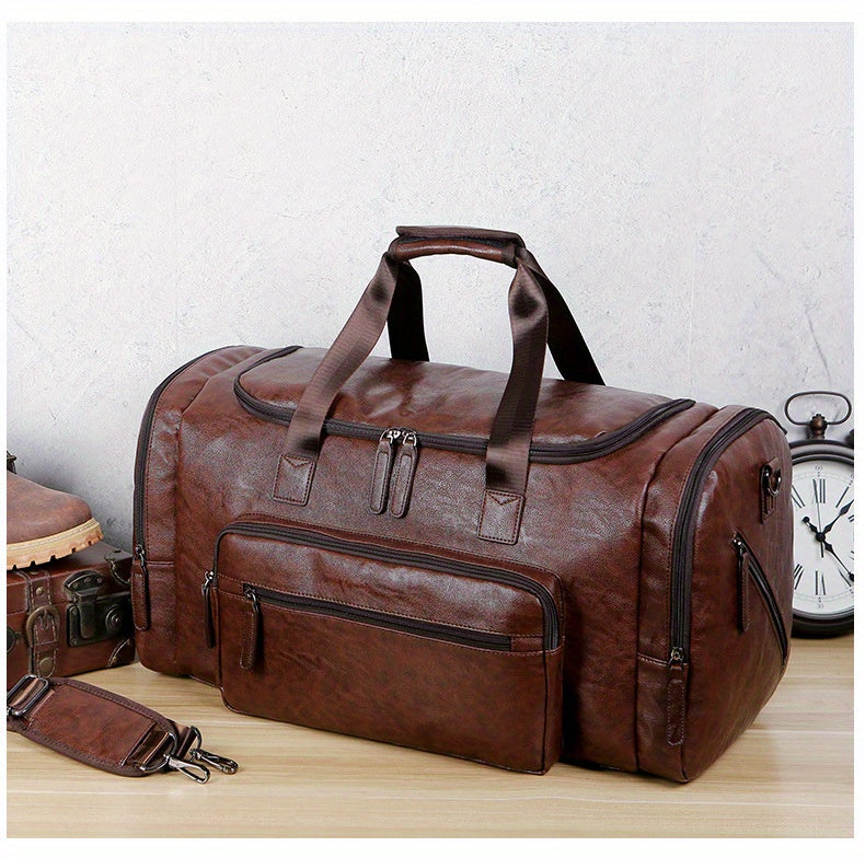Large Capacity Vintage Style PU Leather Travel Tote Bag - Spacious Business Trip Duffle with Adjustable Shoulder Strap, Multiple Compartments, and Hand Carry Design - Durable, Stylish, and Easy to Organize Luggage for Men, No