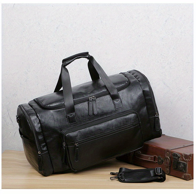 Large Capacity Vintage Style PU Leather Travel Tote Bag - Spacious Business Trip Duffle with Adjustable Shoulder Strap, Multiple Compartments, and Hand Carry Design - Durable, Stylish, and Easy to Organize Luggage for Men, No