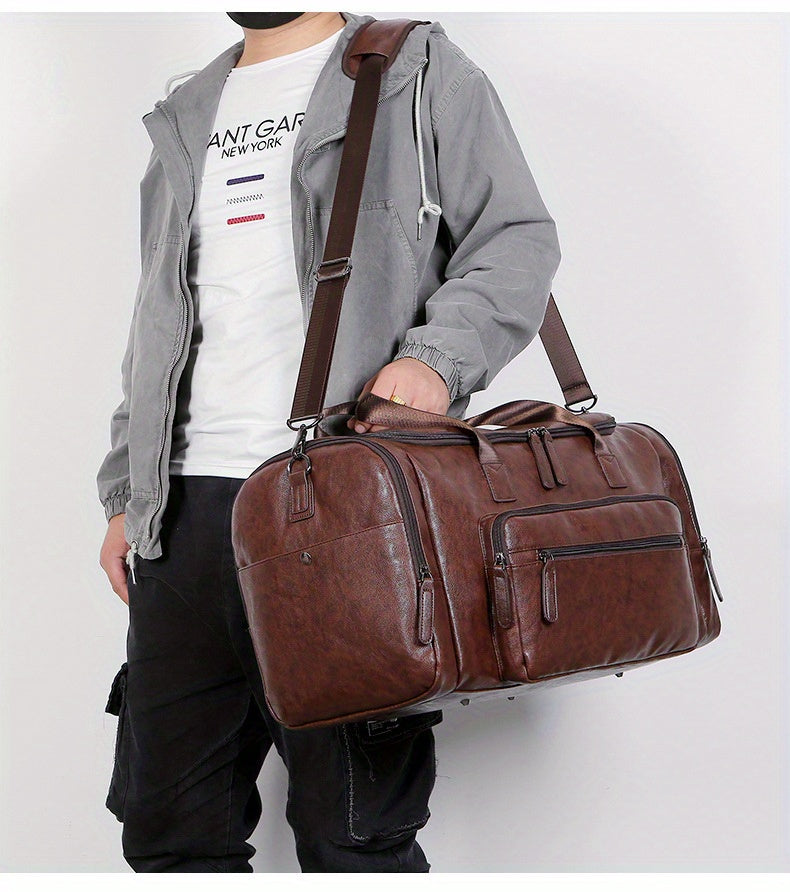 Large Capacity Vintage Style PU Leather Travel Tote Bag - Spacious Business Trip Duffle with Adjustable Shoulder Strap, Multiple Compartments, and Hand Carry Design - Durable, Stylish, and Easy to Organize Luggage for Men, No