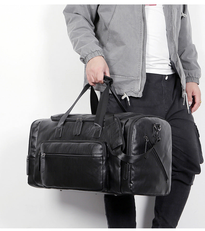 Large Capacity Vintage Style PU Leather Travel Tote Bag - Spacious Business Trip Duffle with Adjustable Shoulder Strap, Multiple Compartments, and Hand Carry Design - Durable, Stylish, and Easy to Organize Luggage for Men, No