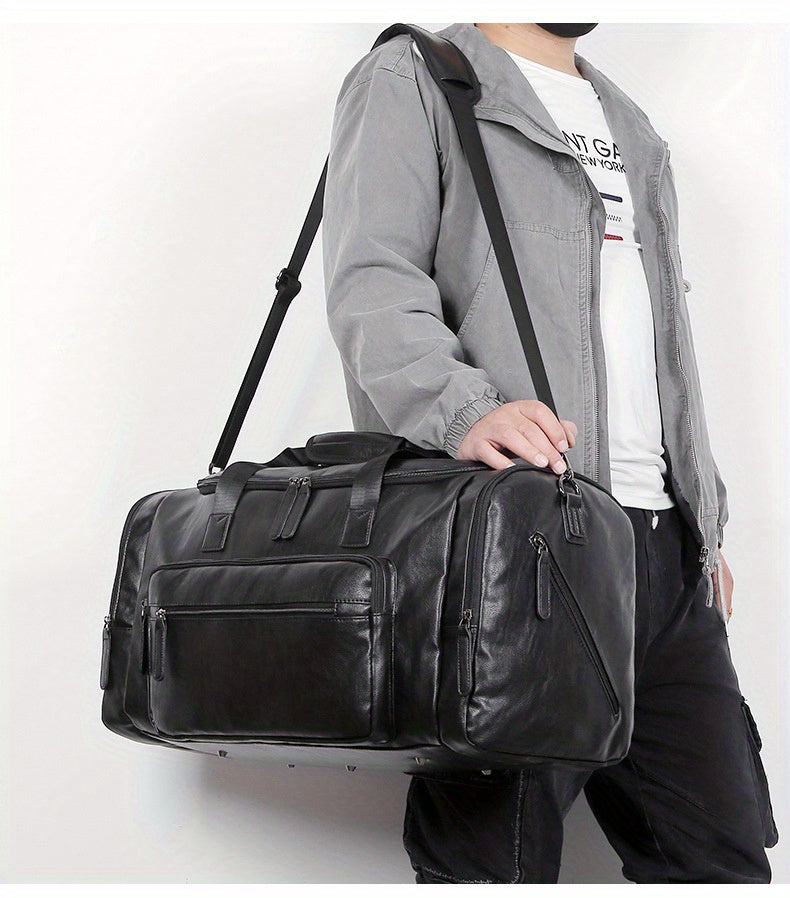 Large Capacity Vintage Style PU Leather Travel Tote Bag - Spacious Business Trip Duffle with Adjustable Shoulder Strap, Multiple Compartments, and Hand Carry Design - Durable, Stylish, and Easy to Organize Luggage for Men, No