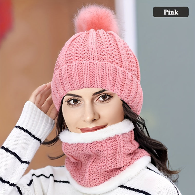 Brand Winter Knitted Scarf Hat Set Thick Warm Skullies Beanies Hats for Women Solid Outdoor Snow Riding Ski Bonnet Caps Girl