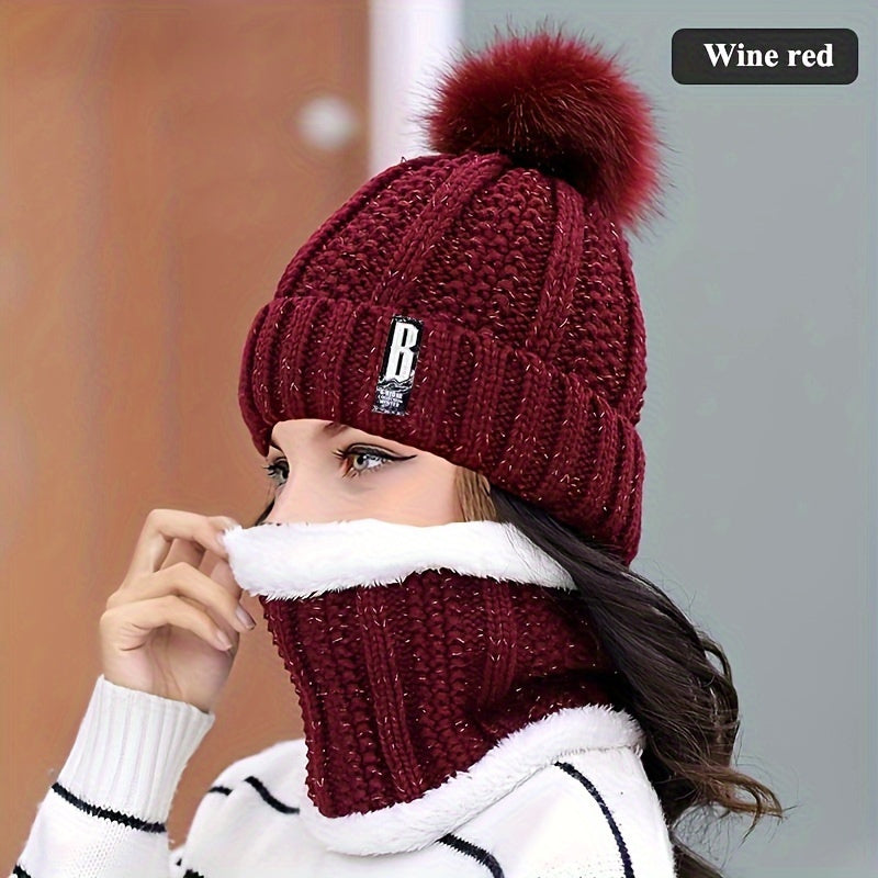 Brand Winter Knitted Scarf Hat Set Thick Warm Skullies Beanies Hats for Women Solid Outdoor Snow Riding Ski Bonnet Caps Girl
