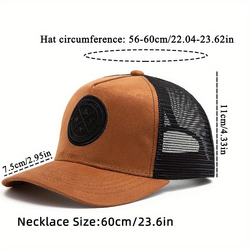 2pcs Vintage Style Men's Baseball Caps with Personalized Disc Pendant Necklace Set, Polyester Mesh Sunshade Hat for Unisex