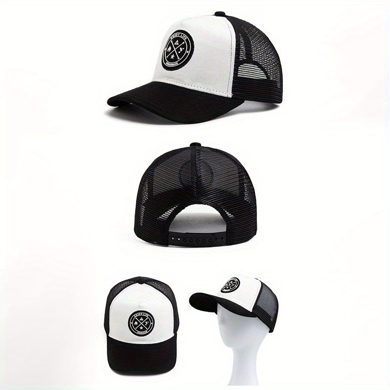 2pcs Vintage Style Men's Baseball Caps with Personalized Disc Pendant Necklace Set, Polyester Mesh Sunshade Hat for Unisex