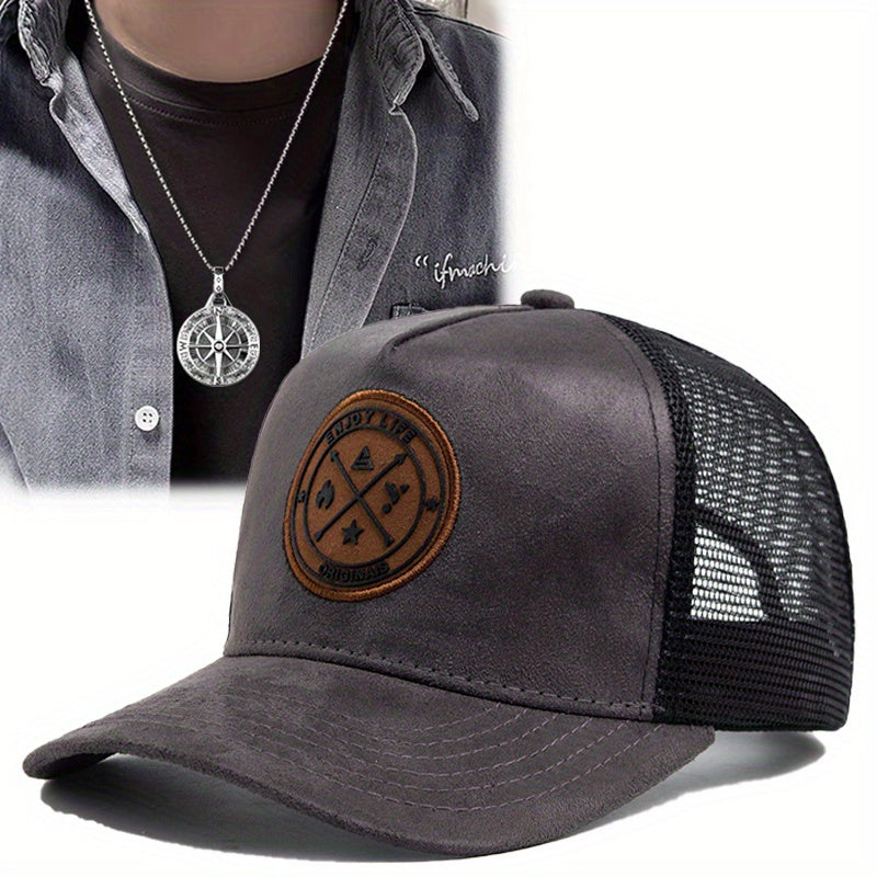 2pcs Vintage Style Men's Baseball Caps with Personalized Disc Pendant Necklace Set, Polyester Mesh Sunshade Hat for Unisex