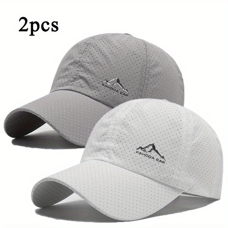 2pcs Quick-Dry Polyester Baseball Caps with Snow Mountain Logo, Unisex Sports Hats for Outdoor Activities, Leisure Fashion Trend Caps for Men and Women