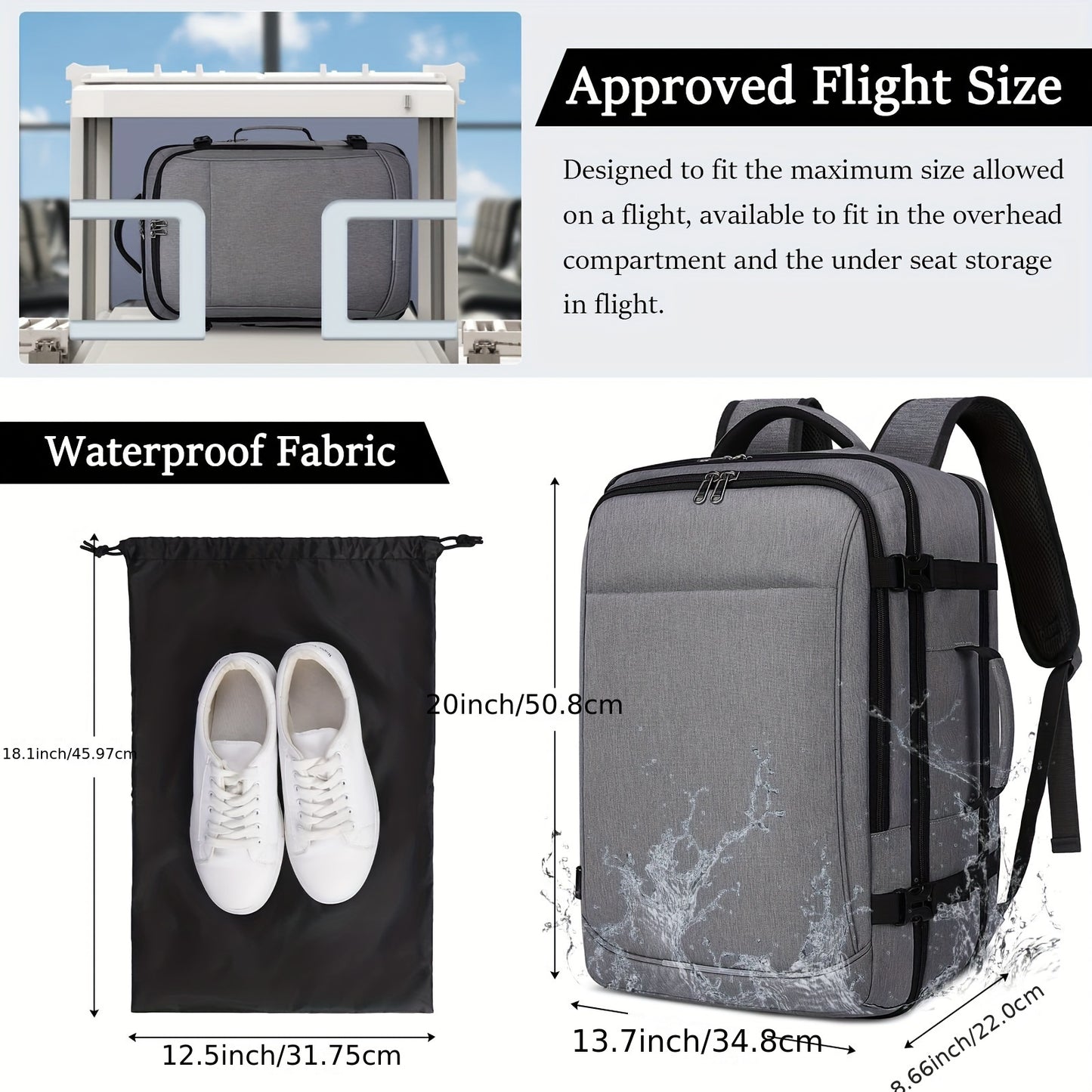 IGOLUMON Travel Backpack For Men Women 40L Flight Approved Carry On Backpack 17 Inch Waterproof Laptop Backpack Large Luggage Daypack Business College Weekender Overnight Backpack With Shoe Bag, Grey