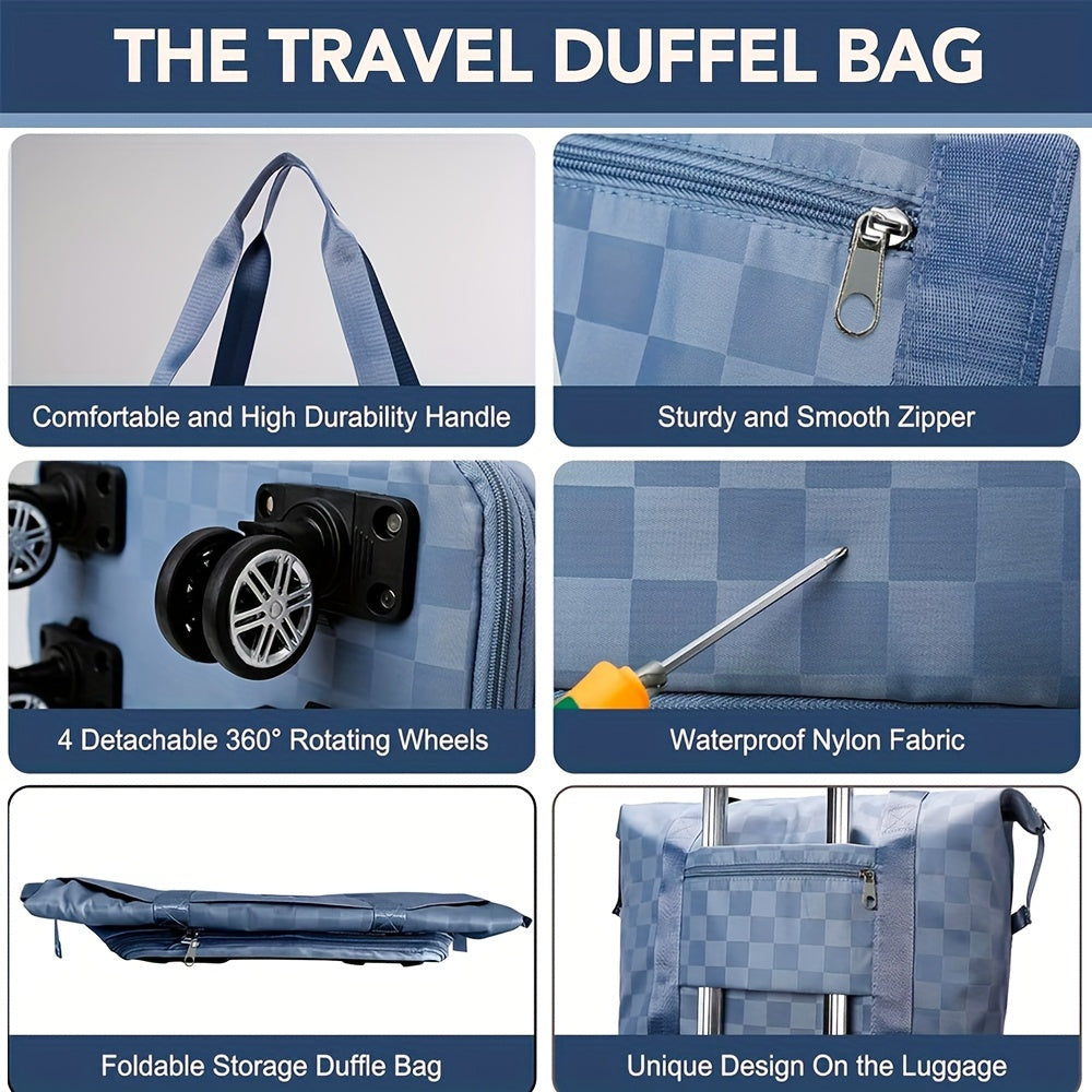 Versatile Expandable Travel Bag with Wheels - Large Capacity, Foldable Nylon Luggage in Checkered Design, Dry/Wet Separation, Fits Trolley Cases, with Adjustable Straps for Sports, Fitness & Moving - Available in Multiple Col
