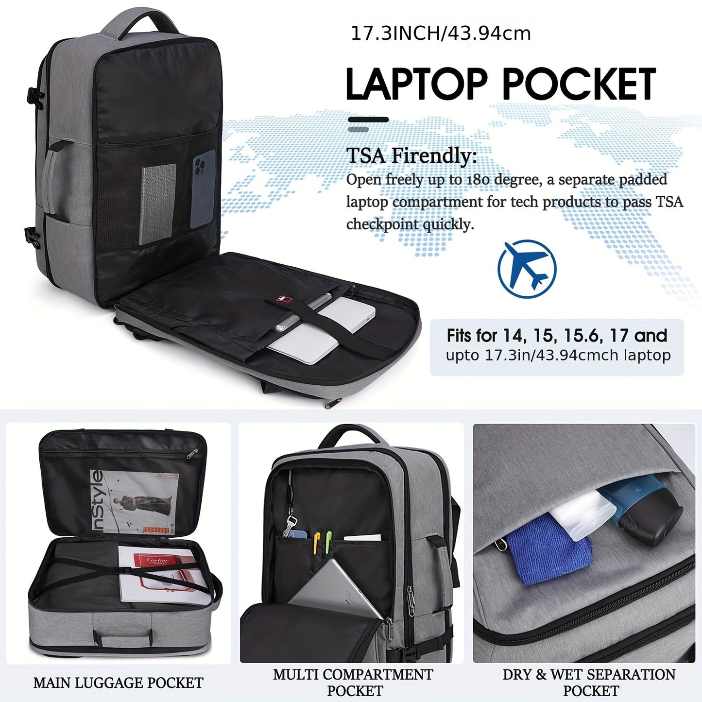 IGOLUMON Travel Backpack For Men Women 40L Flight Approved Carry On Backpack 17 Inch Waterproof Laptop Backpack Large Luggage Daypack Business College Weekender Overnight Backpack With Shoe Bag, Grey