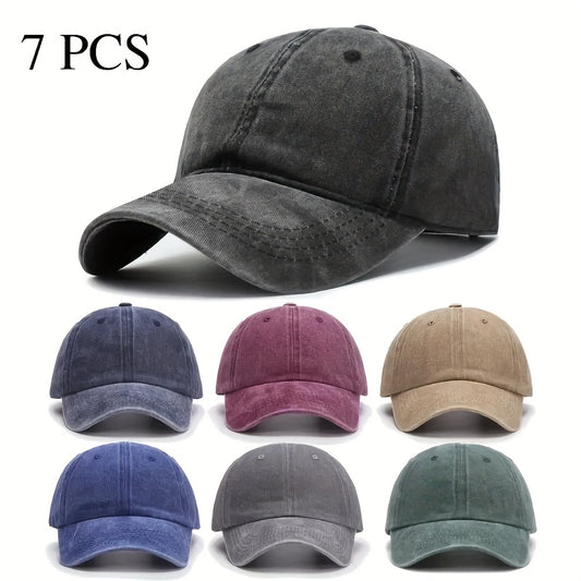 7pcs Retro Washed Denim Baseball Caps for Men & Women - Adjustable Snapback, Lightweight Polyester, 7 Colors (Black, Navy, Burgundy, Khaki, Gray, Olive) - Perfect for Outdoor Activities & Casual Wear, Outdoor Headwear | Class
