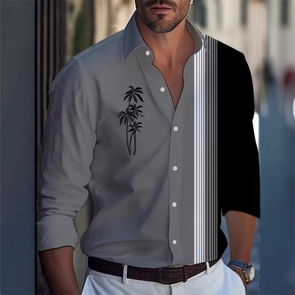 Men's Long Sleeve Shirt Palm Tree And Striped Printed Shirt Everyday Fashion Men's Casual Shirt