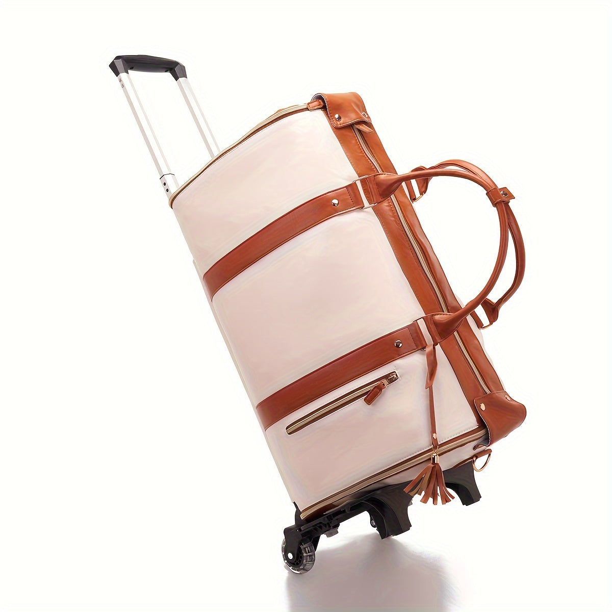 Chic Tassel Faux Leather Suitcase with Retractable Wheels & Shoulder Strap - Versatile Travel Luggage in Cream
