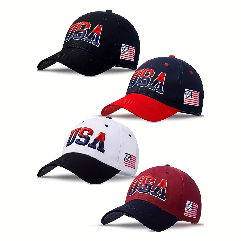 4pcs USA Flag Baseball Caps for Men & Women - Adjustable Patriotic Trucker Hats with Embroidered "USA" Design, Black, Navy Blue, Red, White - Perfect for Independence Day & American Pride, Adjustable Baseball Caps | Embroider