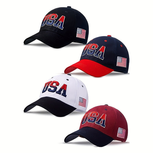 4pcs USA Flag Baseball Caps for Men & Women - Adjustable Patriotic Trucker Hats with Embroidered "USA" Design, Black, Navy Blue, Red, White - Perfect for Independence Day & American Pride, Adjustable Baseball Caps | Embroider