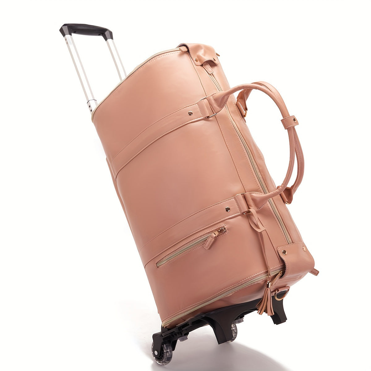 Chic Tassel Faux Leather Suitcase with Retractable Wheels & Shoulder Strap - Versatile Travel Luggage in Cream