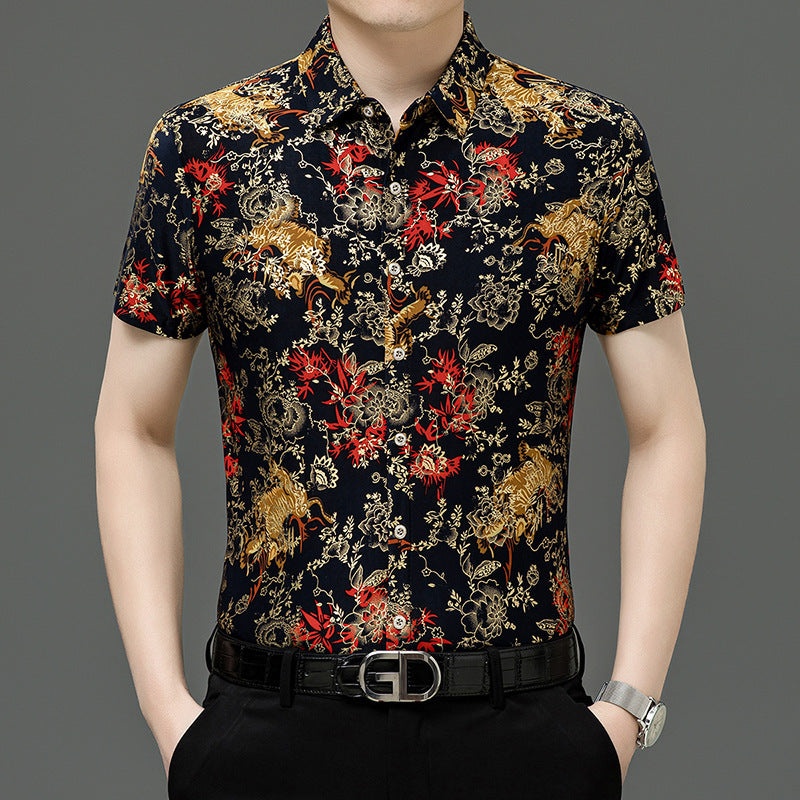 Summer Men's Middle-aged Printed Shirt Short Sleeve Stretch Ice Silk Leisure