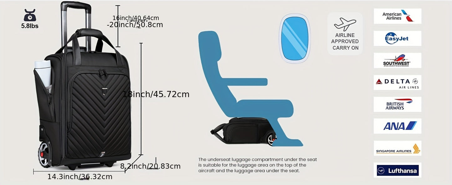 Carry-On Underseat Luggage With Wheels, 18 Inch Carry-on Luggage For Airlines, Underseat Lightweight Suitcase For Women, Softside Overnight Luggage For Business Travel