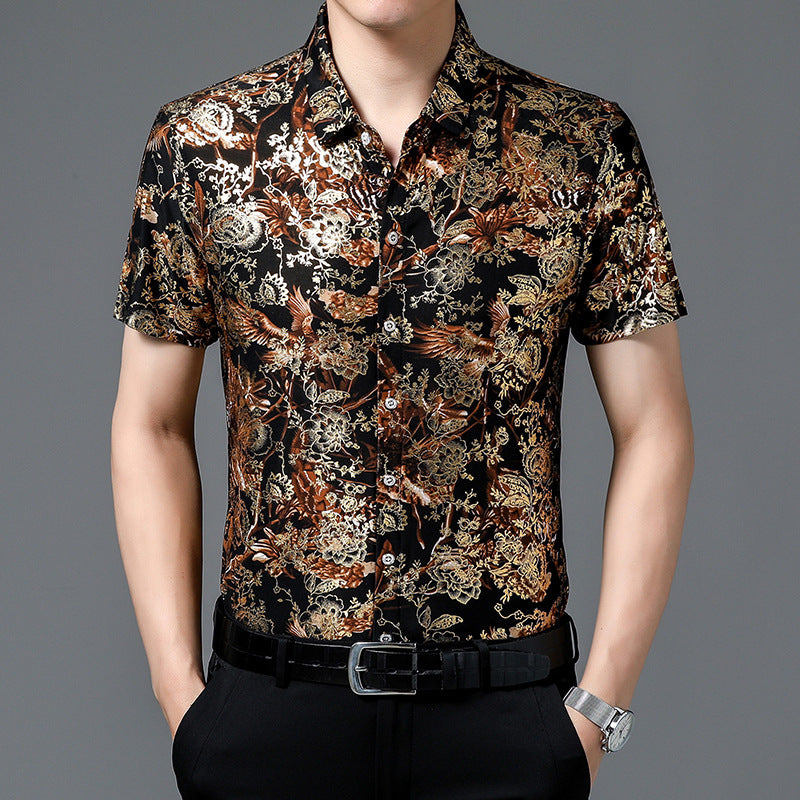 Summer Men's Middle-aged Printed Shirt Short Sleeve Stretch Ice Silk Leisure