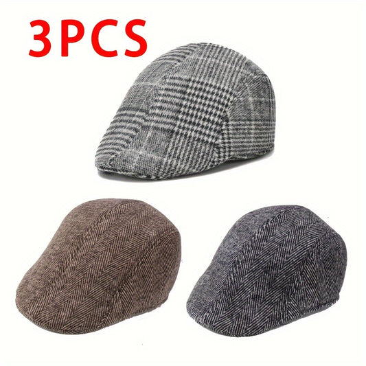 3-Pack Vintage Classic Flat Ivy Gatsby Caps - Soft Cotton Blend Berets with Herringbone & Striped Patterns, Lightweight, Woven, Breathable, Timeless Fashion Accessories for Men - Perfect for Casual Daily Wear, Outdoor Activit