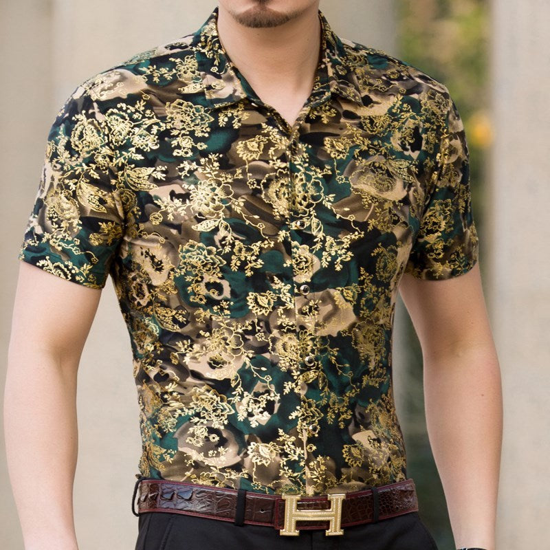 Summer Men's Middle-aged Printed Shirt Short Sleeve Stretch Ice Silk Leisure