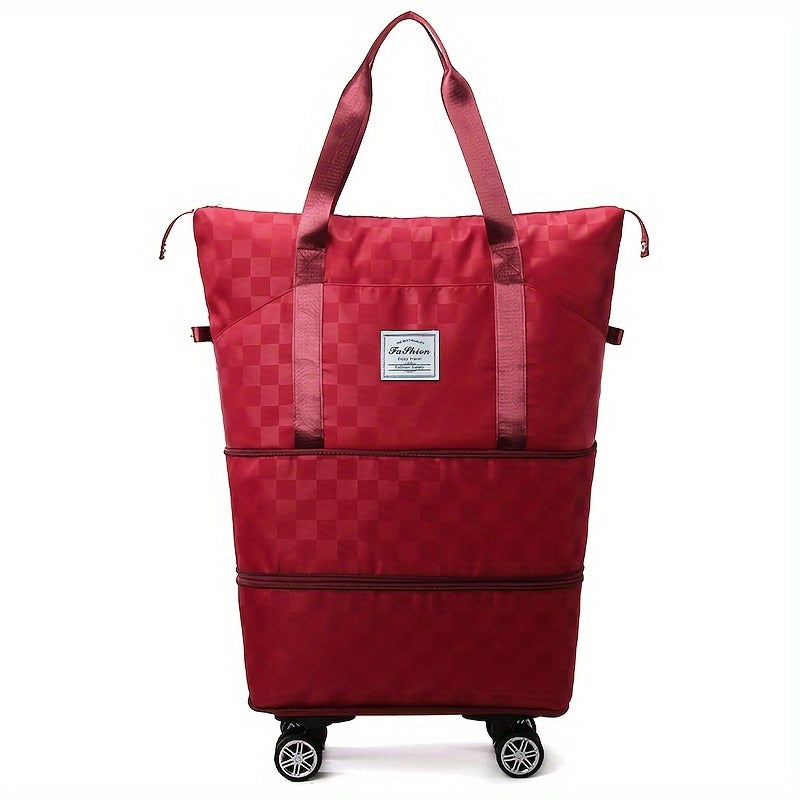 Versatile Expandable Travel Bag with Wheels - Large Capacity, Foldable Nylon Luggage in Checkered Design, Dry/Wet Separation, Fits Trolley Cases, with Adjustable Straps for Sports, Fitness & Moving - Available in Multiple Col