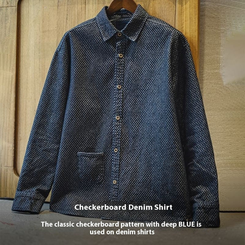 American Retro Chessboard Plaid Denim Shirt Jacket Loose