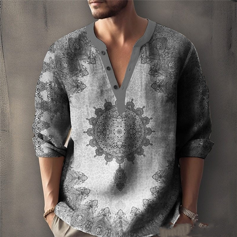 Printed Casual V-neck Men's Loose Jacquard Sweater Long Sleeve