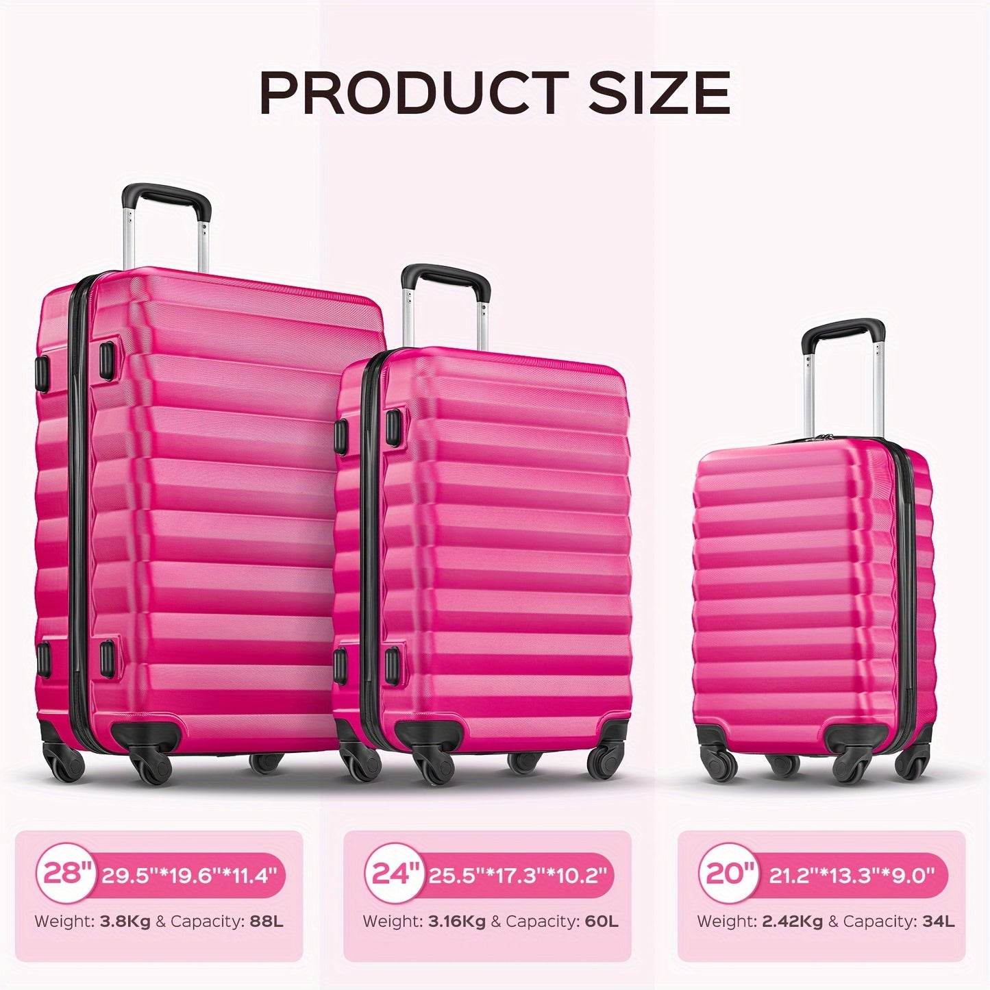 3-Piece Set Luggage (20"+24"+28") for Travel, Large Space and Elegant color, with Secure Combination Lock