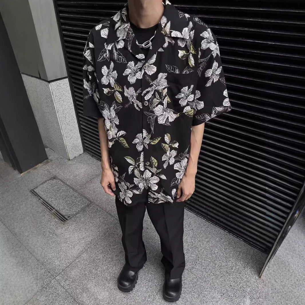 Vintage Cuban Collar Ice Silk Printed Shirt