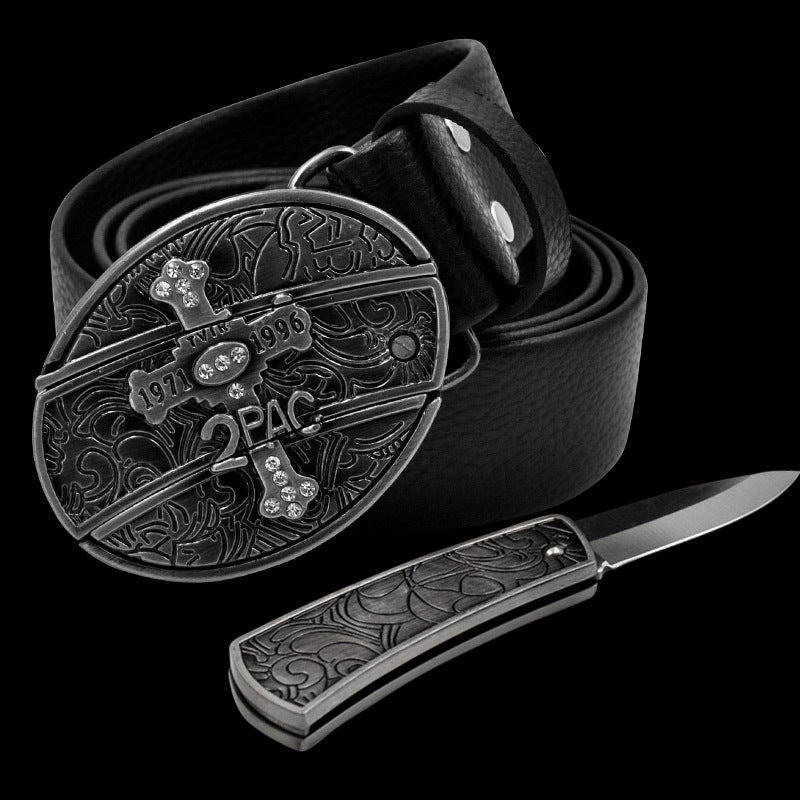 Men's Leather Smooth Buckle Belt Knife