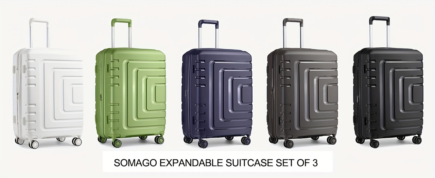 Somago Expandable Luggage Sets (20/24/28) 3 Pieces Travel Suitcases Hardside Polypropylene Material Lightweight Suitcase Set With Spinner Wheels YKK Zippers TSA Lock With 6 Pcs Packing Cube